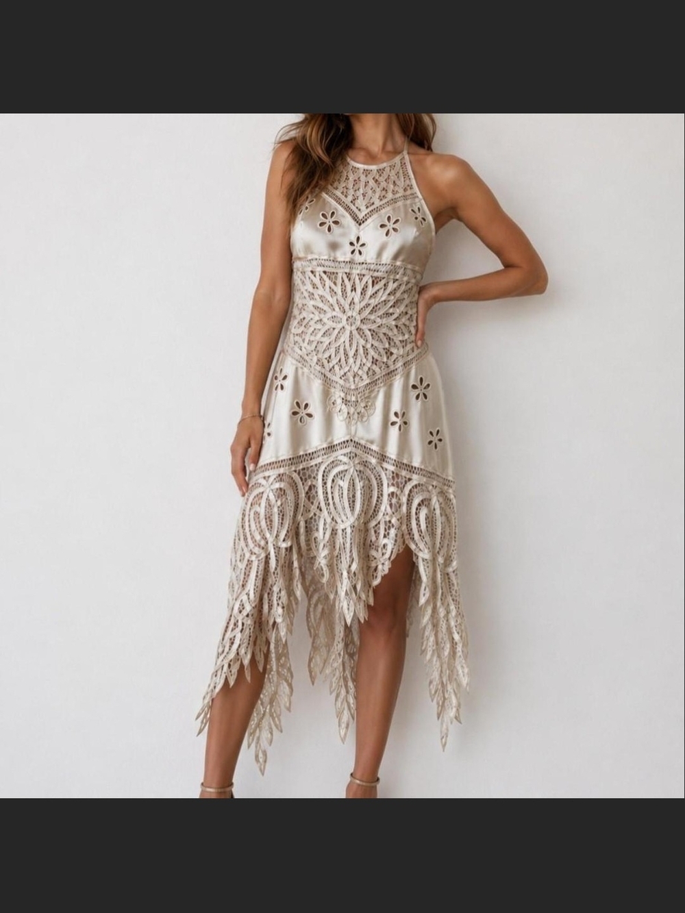 Cache brand Cream lace dress with floral and geometric cut-out designs